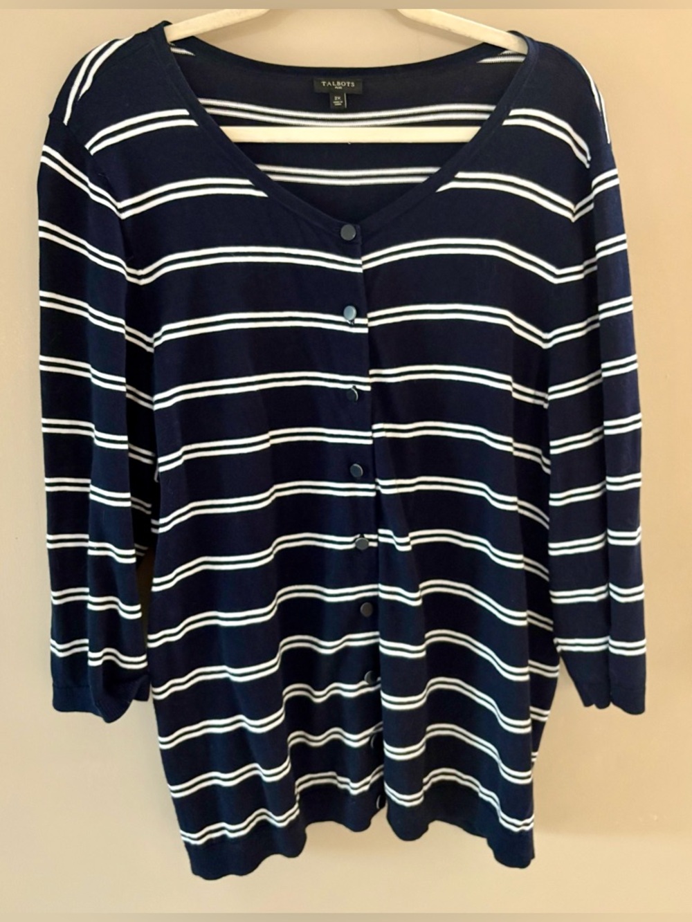 Talbots 2X Dark Navy Blue & White Striped Cardigan